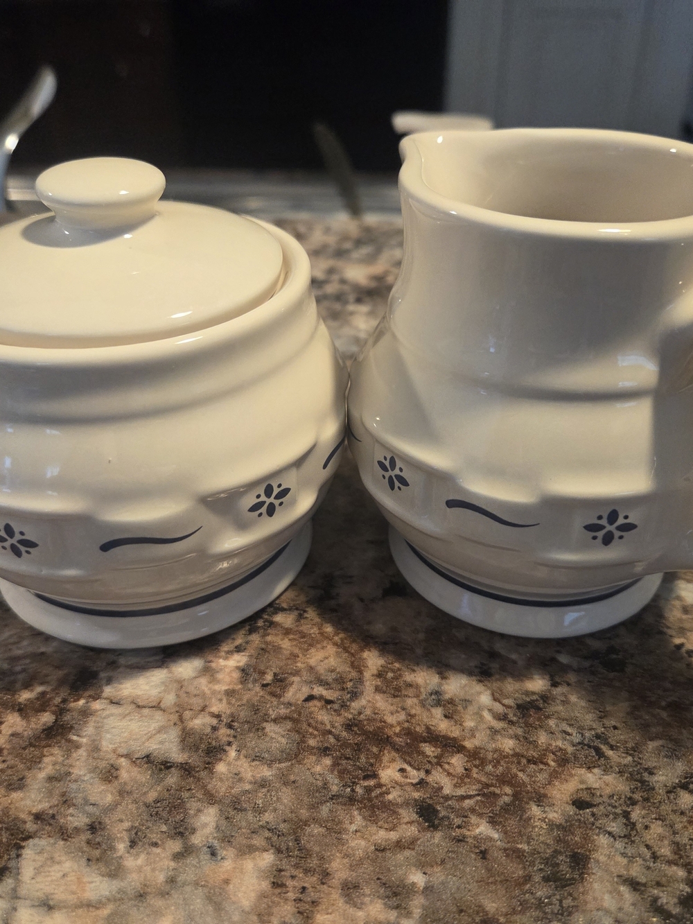 Longaberger Cream Ceramic Sugar and Creamer Set with Blue Accents